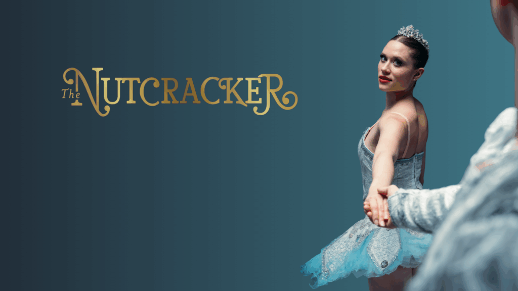 A ballet dancer in a tutu holding hands, with "The Nutcracker" text on a blue background.