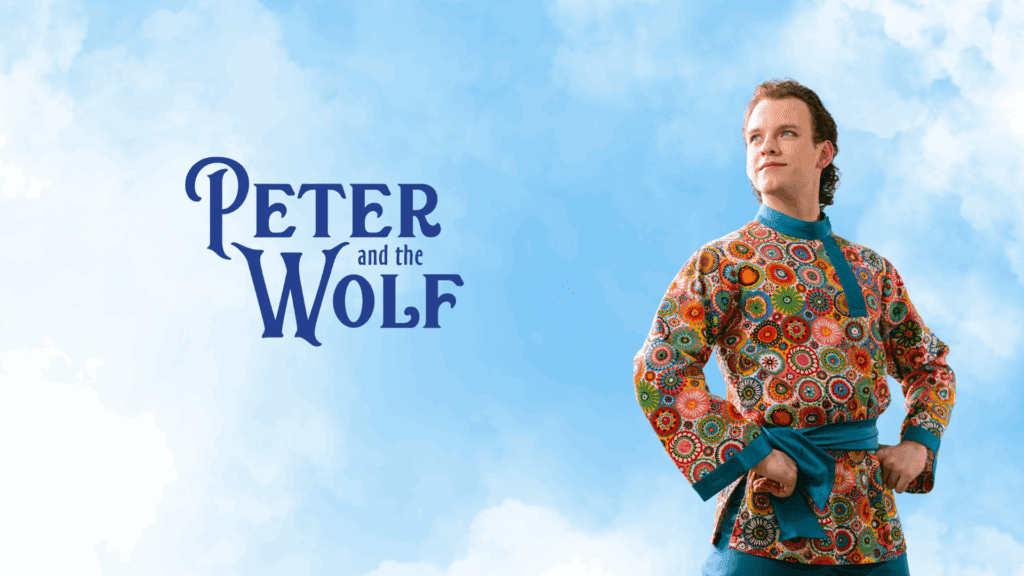 A person stands confidently in colorful attire against a bright sky, with "Peter and the Wolf" text. Associated with ballet Idaho.