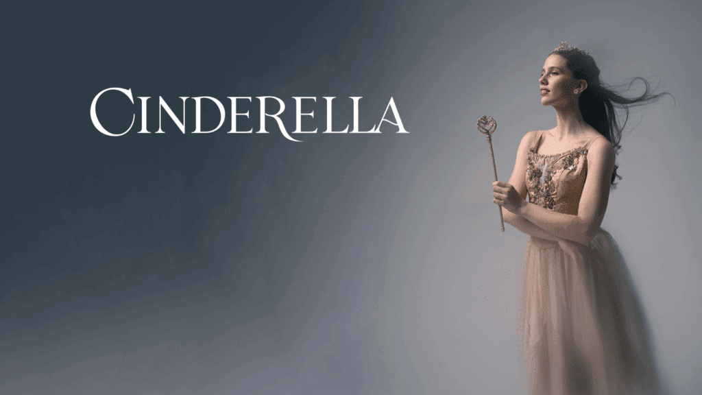 A woman in a gown holds a wand, with "Cinderella" text beside her.