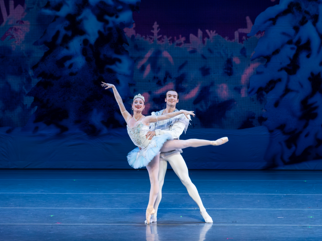 Soloist Ian Rotheroe and company artist Kylie Corrigan pose as the Snow Queen and her cavalier during the snow pas de deux.